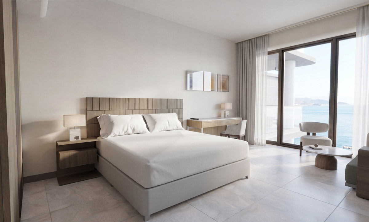 Modern guest room with ocean view at the new Fort George Hotel and Spa tower, best hotel in Belize City